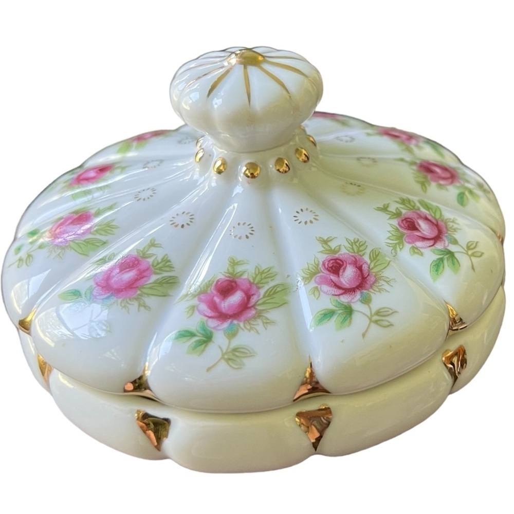 Vintage Japan Rose & Gold Handmade Lidded Dresser Jar - Picture 8 of 14
